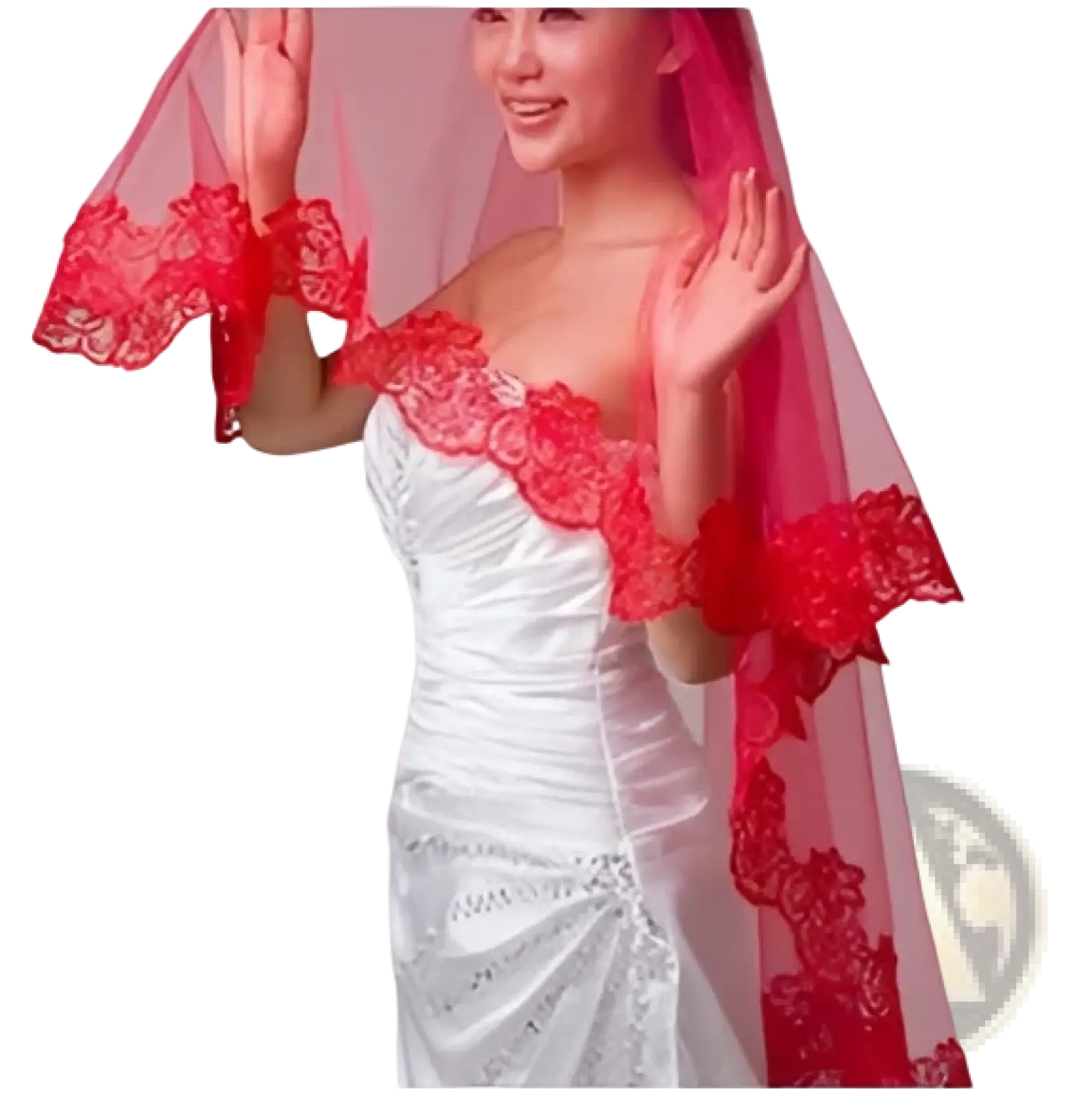A delicate red embroidered floral lace cathedral wedding veil with sheer mesh overlay worn over a white gown