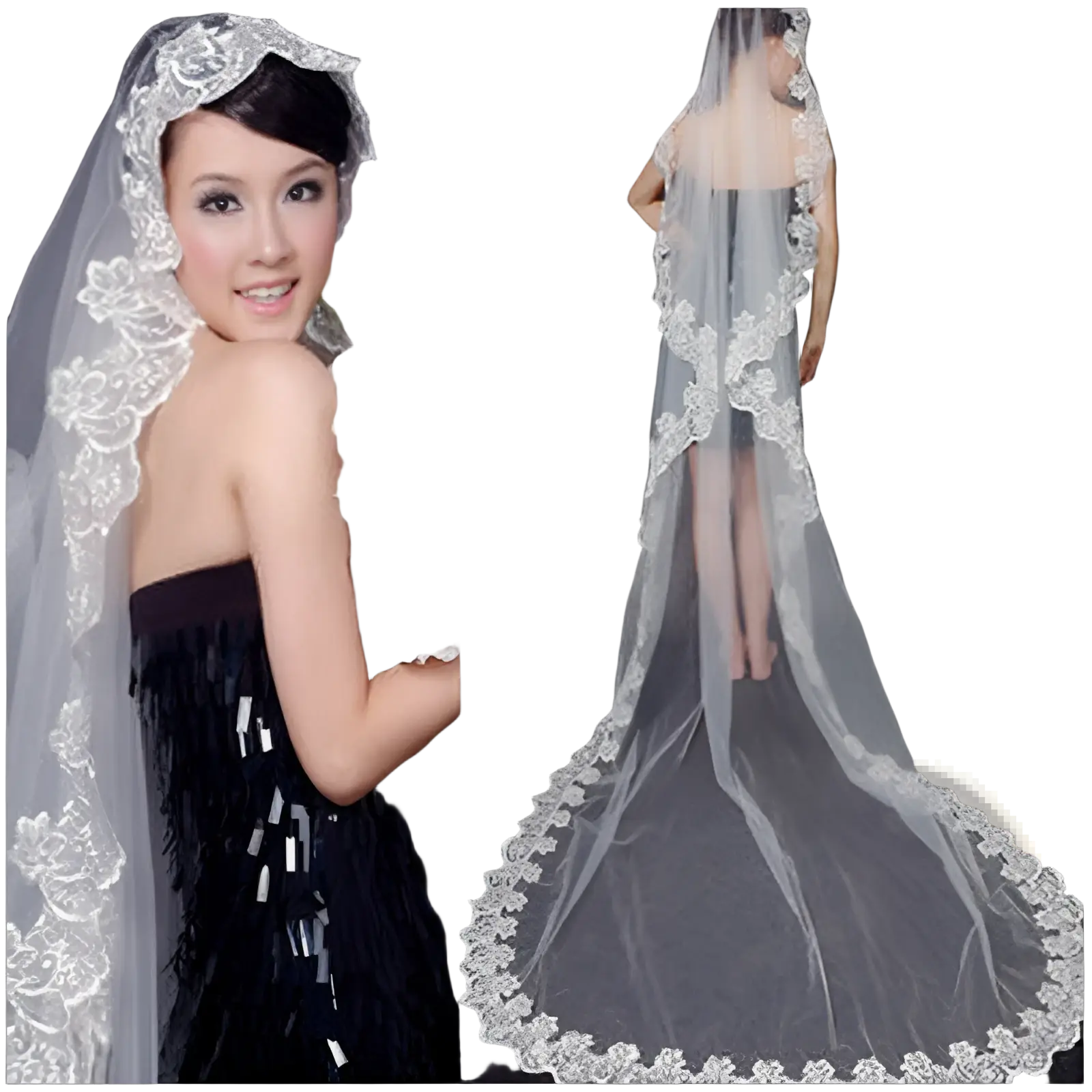 A delicate white lace cathedral wedding veil with intricate floral embroidery and a sheer flowing design