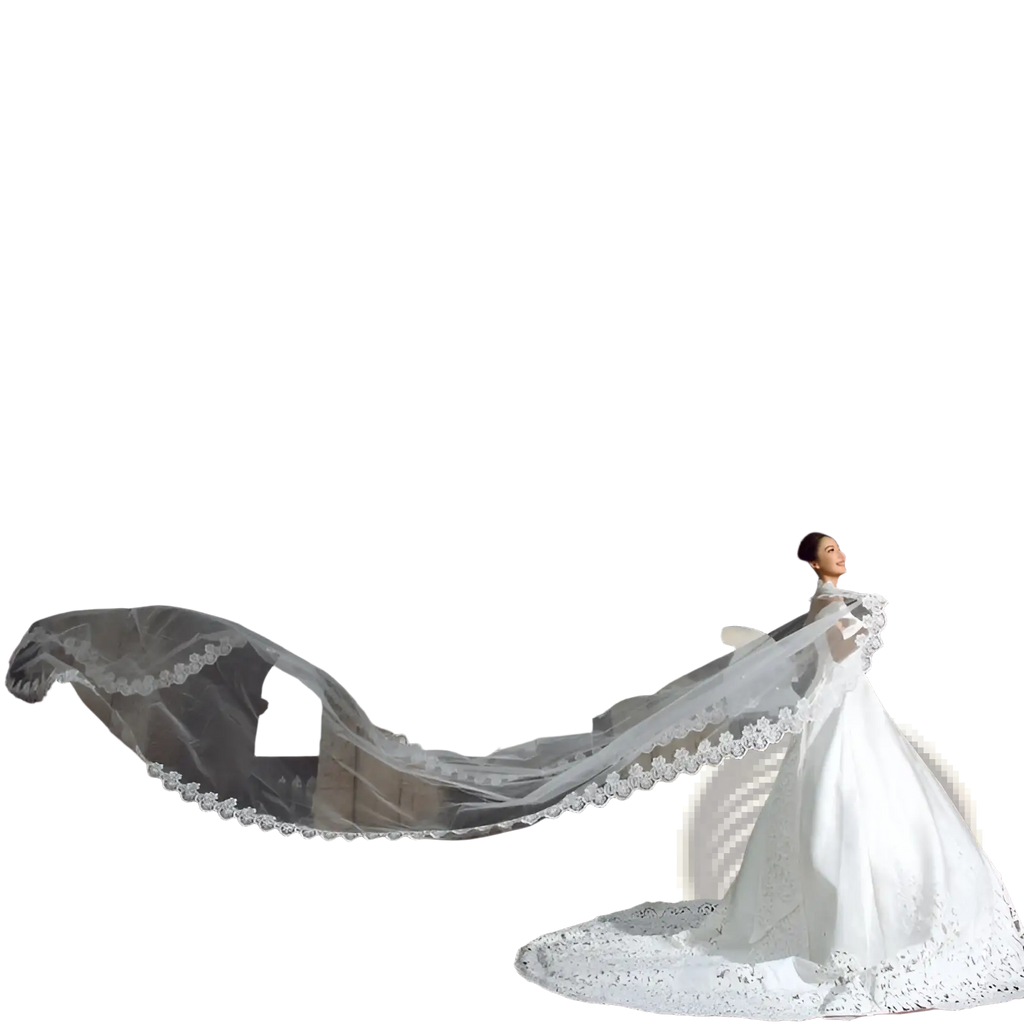 A flowing white embroidered floral lace cathedral wedding veil with delicate scalloped edges draped over a bride