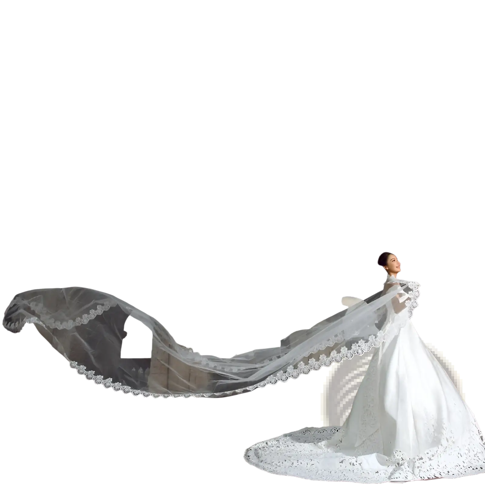 A flowing white embroidered floral lace cathedral wedding veil with delicate scalloped edges draped over a bride