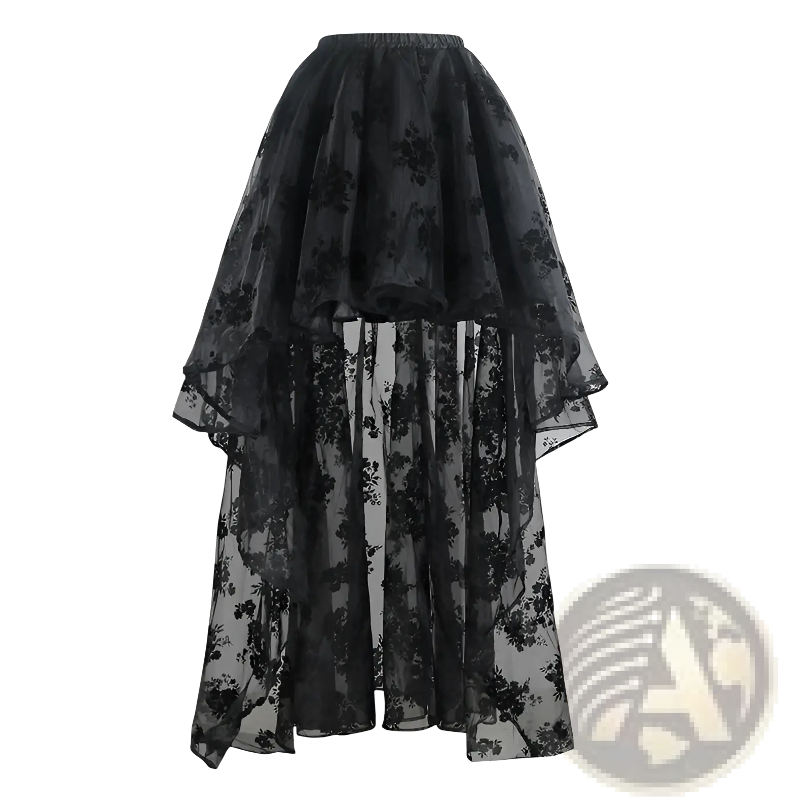 Black embroidered floral lace high low tiered skirt with sheer layered design