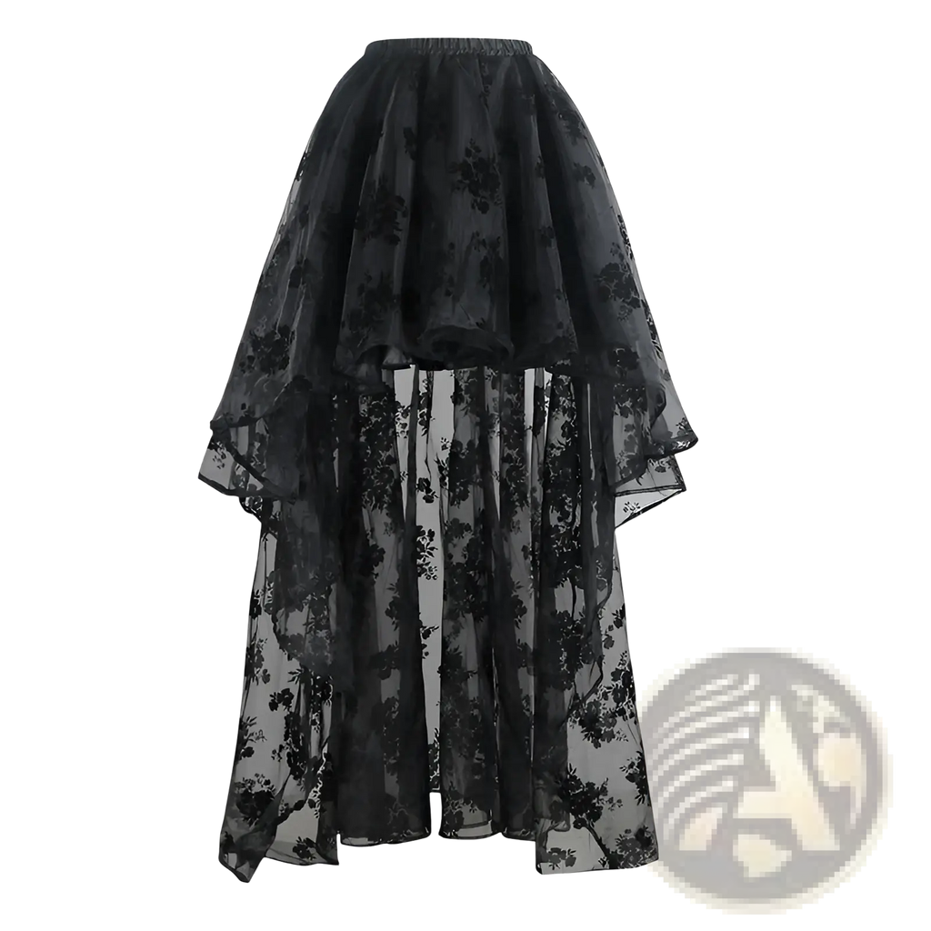 Black floral lace high low tiered skirt with sheer layered design in embroidered floral lace fabric