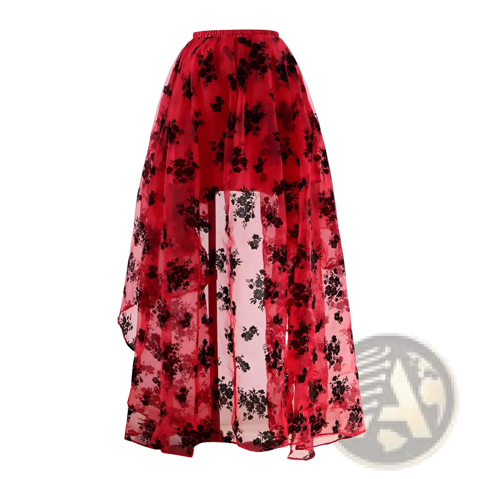 Emroidered floral lace high low tiered skirt in flowing red sheer layered fabric with black blossoms design