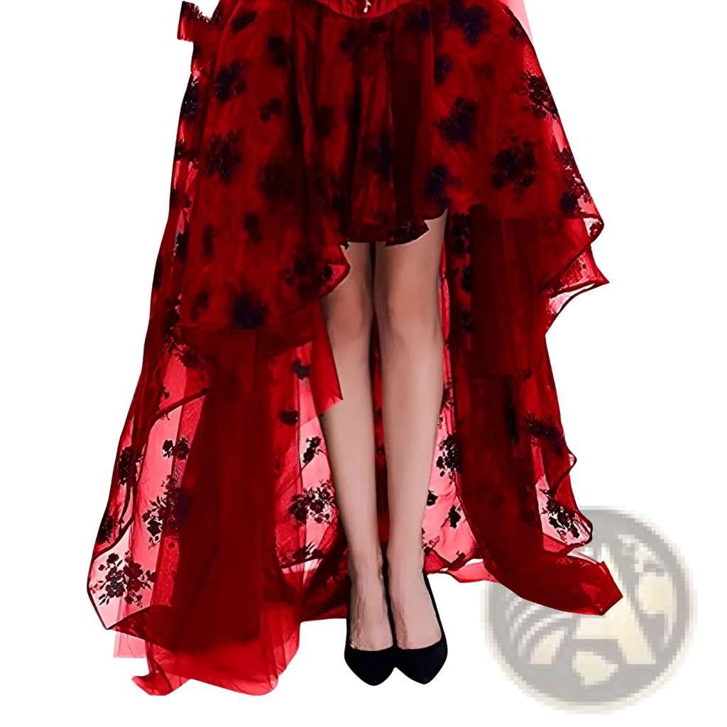 A flowing red high low tiered skirt with black floral embroidery and layered sheer fabric in lace design
