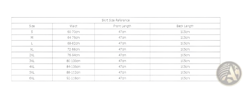 Skirt size reference chart for embroidered floral lace high low tiered skirt showing measurements from s to 6xl