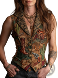 Embroidered floral velvet sleeveless vest in earthy tones with western-themed print of cacti, boots, horseshoes, and revolver