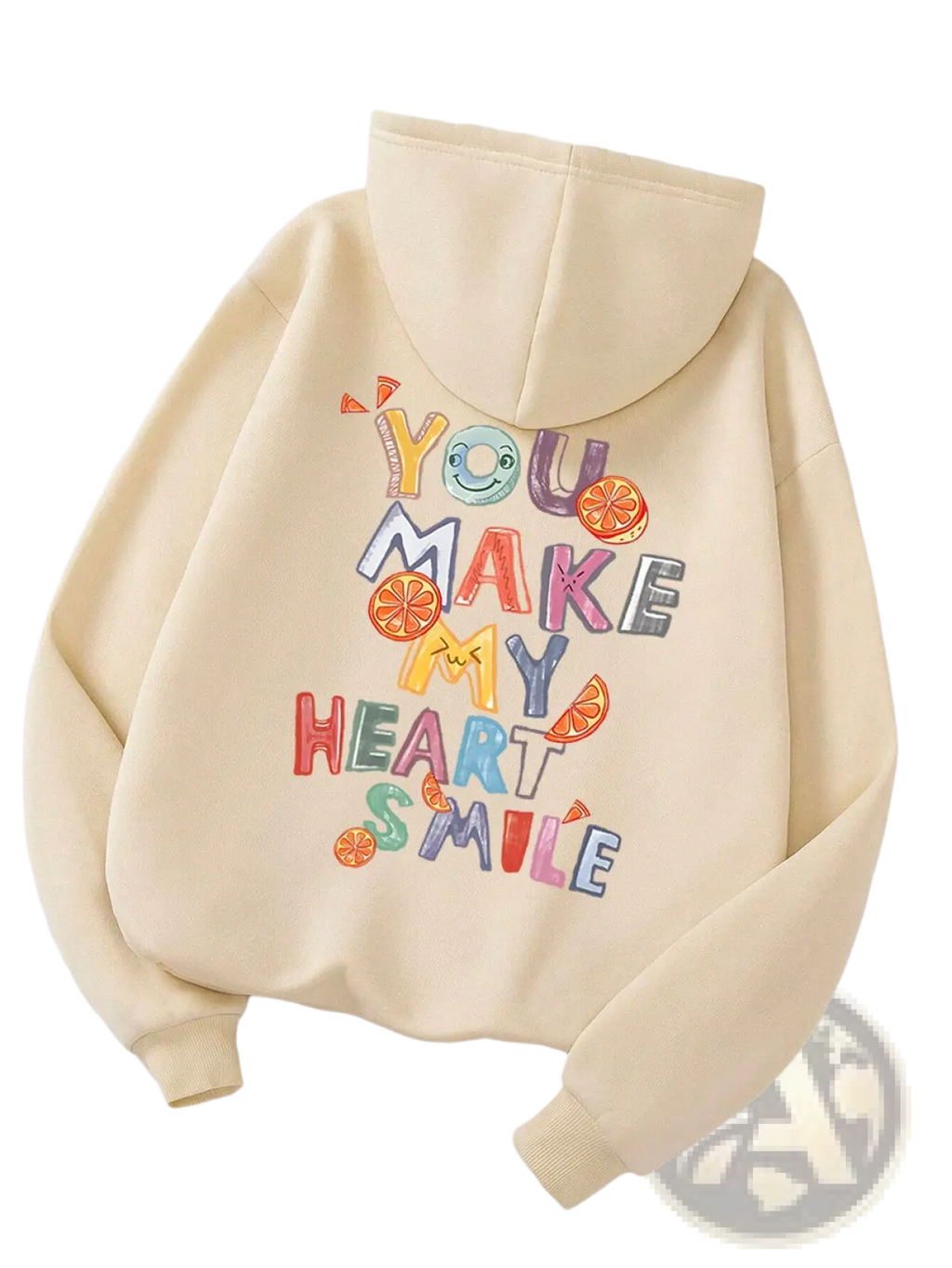 Beige embroidered fruit graphic casual hoodie with colorful you make my heart smile design featuring orange slices and a smiley face