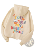 Beige embroidered fruit graphic casual hoodie with colorful you make my heart smile design featuring orange slices and a smiley face