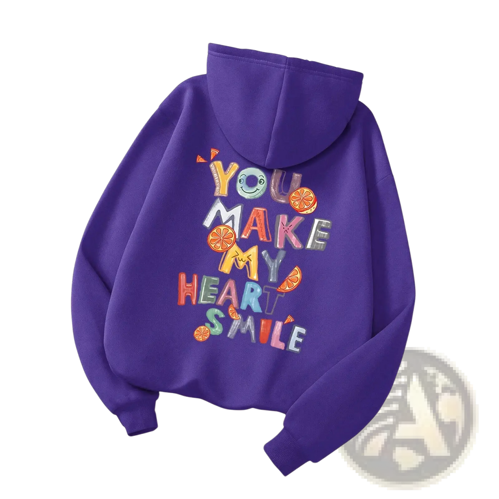 Purple embroidered fruit graphic casual hoodie with colorful you make my heart smile design and orange slices