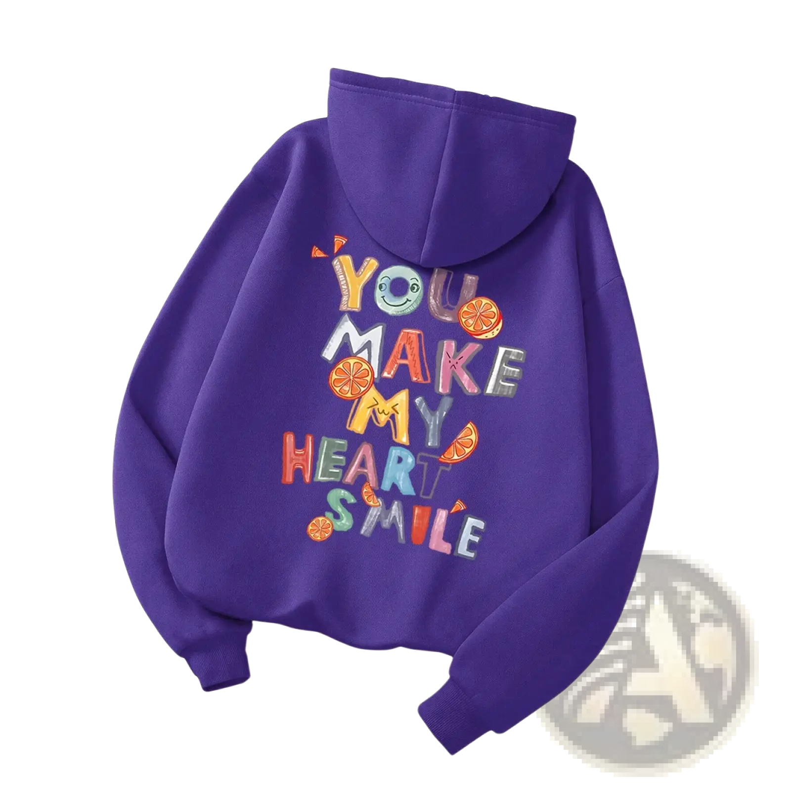 Purple embroidered fruit graphic casual hoodie with colorful you make my heart smile design and orange slices