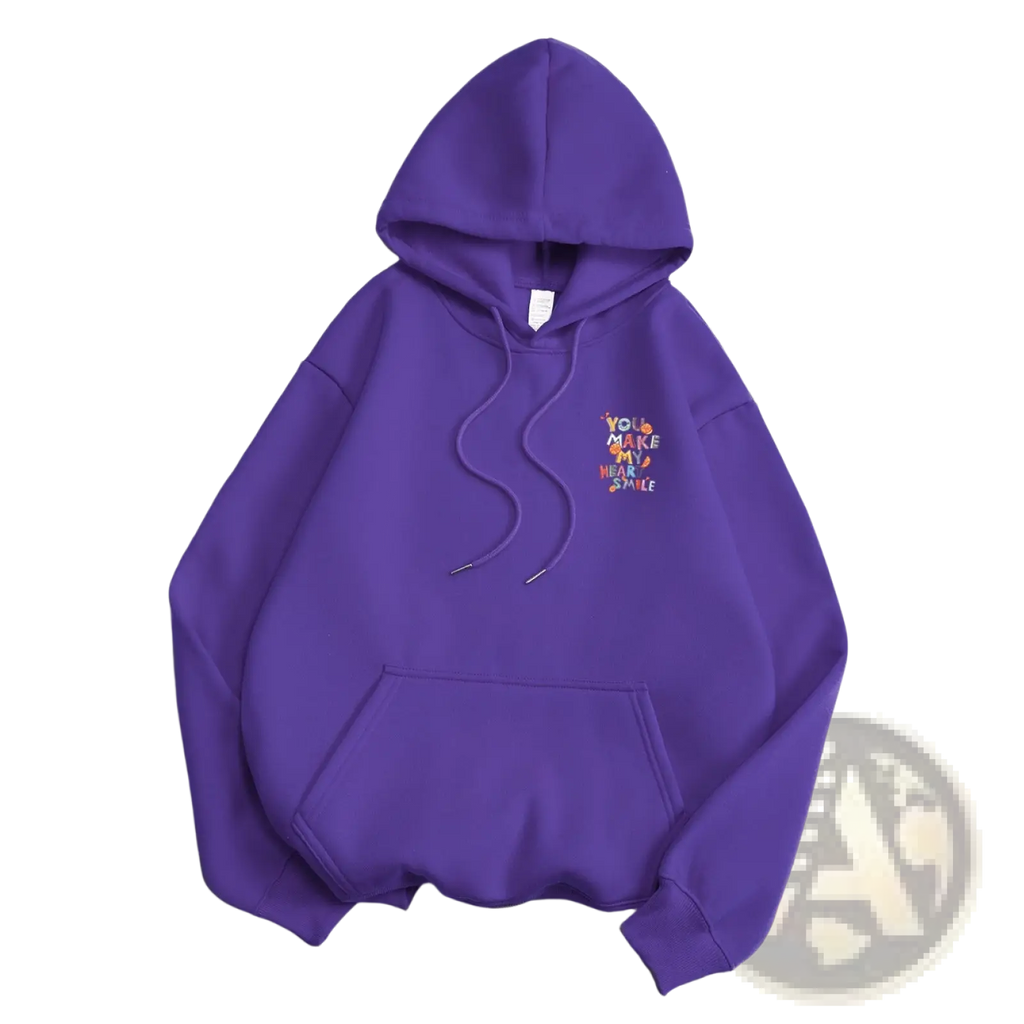 Purple hooded sweatshirt with colorful embroidered fruit graphic on the chest for casual wear