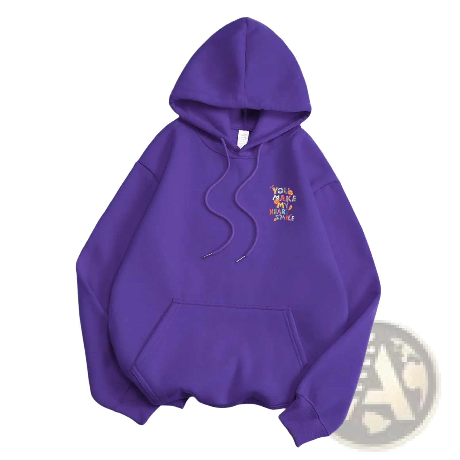 Purple hooded sweatshirt with colorful embroidered fruit graphic on the chest for casual wear