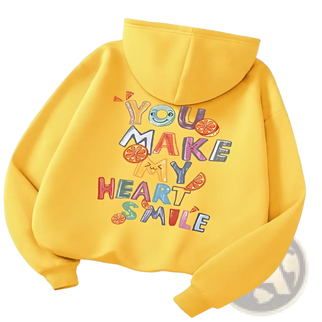A vibrant yellow embroidered fruit graphic casual hoodie with playful you make my heart smile design and orange slice accents