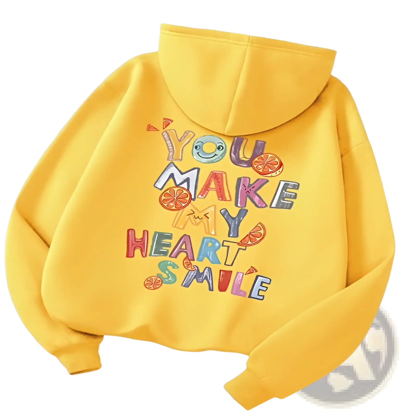 A vibrant yellow embroidered fruit graphic casual hoodie with playful you make my heart smile design and orange slice accents