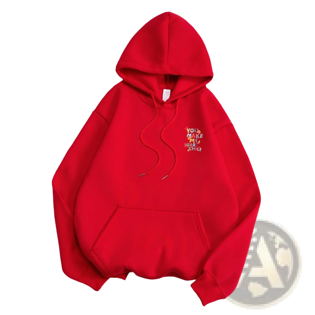 Vibrant red embroidered fruit graphic casual hoodie with front pocket and multicolored text you make my heart smile