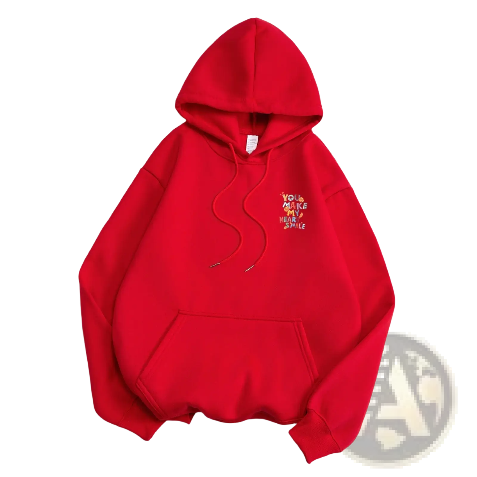 Vibrant red embroidered fruit graphic casual hoodie with front pocket and multicolored text you make my heart smile