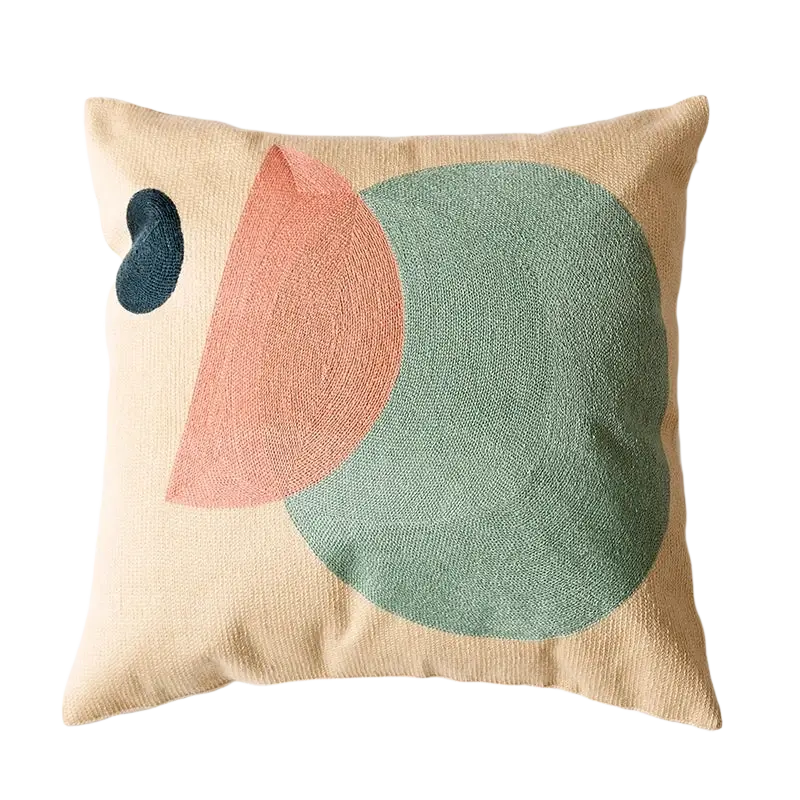 Beige embroidered geometric cushion cover 45x45cm 30x50cm with teal circle peach semicircle and dark blue teardrop design