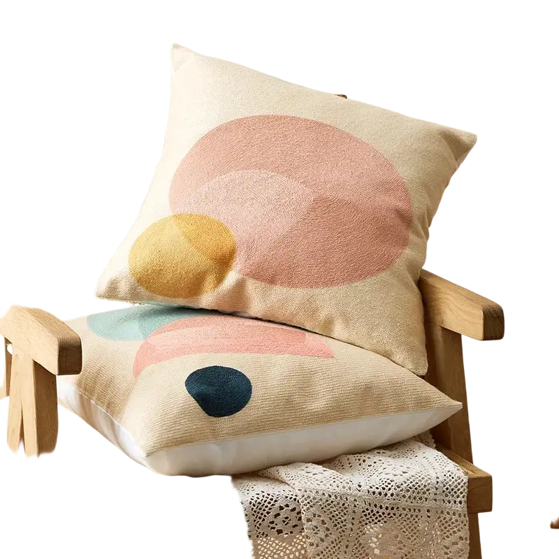 Beige embroidered geometric cushion cover with abstract shapes in soft pink mustard yellow and navy blue 45x45cm 30x50cm