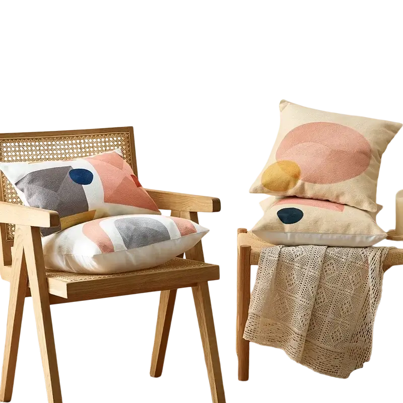 Beige embroidered geometric cushion cover with abstract design in soft pink gray and mustard yellow 45x45cm 30x50cm