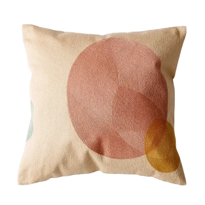 Beige linen embroidered geometric cushion cover 45x45cm 30x50cm with modern abstract blush pink and mustard yellow circles