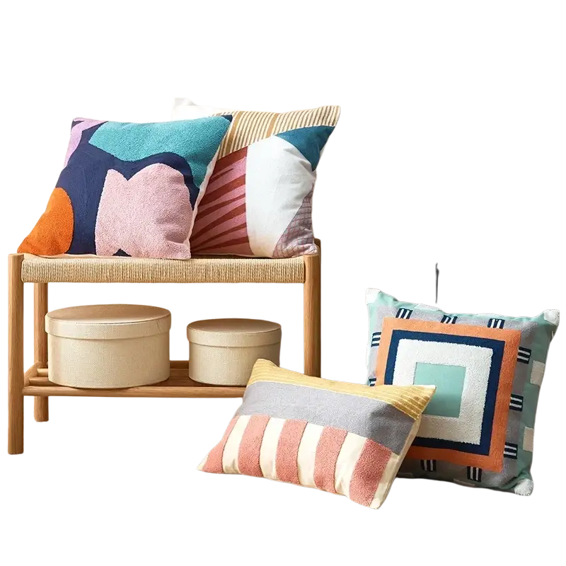 Colorful embroidered geometric cushion covers 45x45cm and 30x50cm in pastel and bold tones with textured fabric patterns