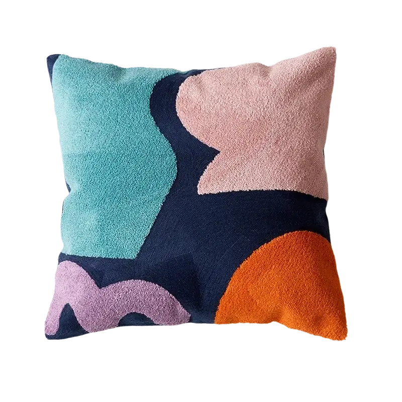A plush embroidered geometric cushion cover 45x45cm 30x50cm with textured teal pink navy blue and orange blocks