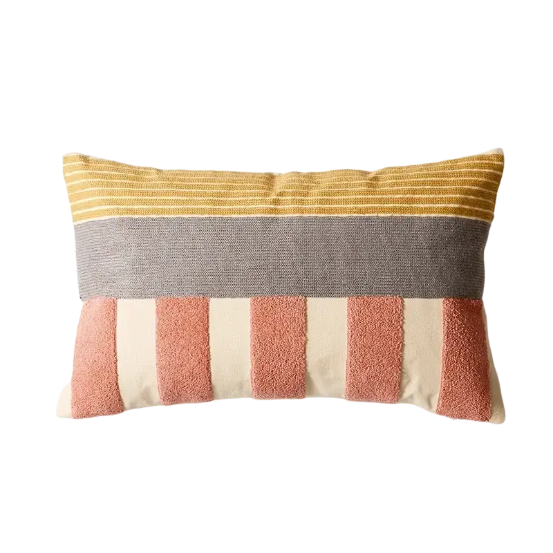 Rectangular embroidered geometric cushion cover 45x45cm 30x50cm with mustard yellow gray and terracotta stripes textured fabric