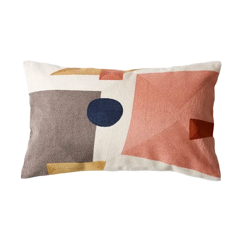Rectangular embroidered geometric cushion cover 45x45cm 30x50cm with muted earth tones navy blue textured fabric patches