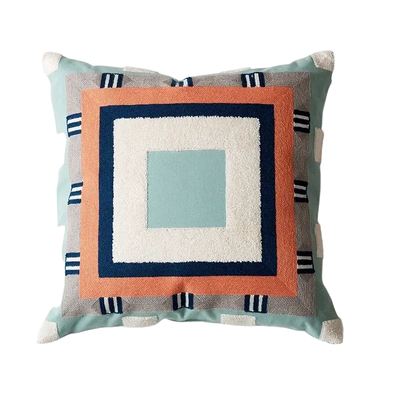 Embroidered geometric cushion cover 45x45cm 30x50cm with teal orange navy and cream concentric squares and textured stripes