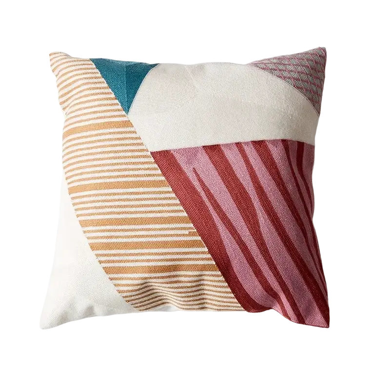 Embroidered geometric cushion cover 45x45cm 30x50cm with white teal beige and red pink striped patchwork design