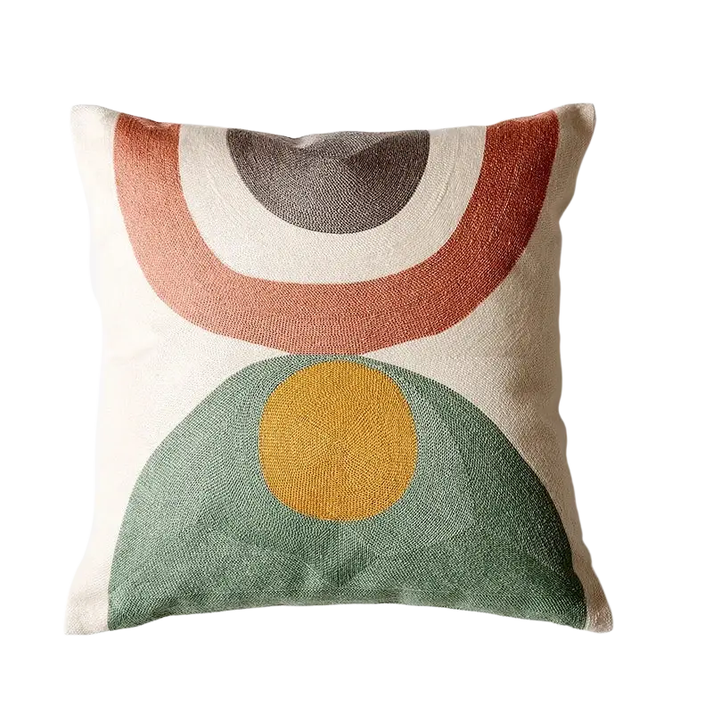 Embroidered geometric cushion cover 45x45cm and 30x50cm with terracotta olive and mustard arcs on off-white linen