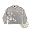Gray crewneck embroidered graphic knit sweater featuring a white design on soft knit fabric for casual wear