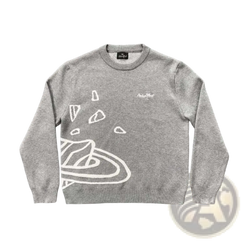 Gray crewneck embroidered graphic knit sweater featuring a white design on soft knit fabric for casual wear