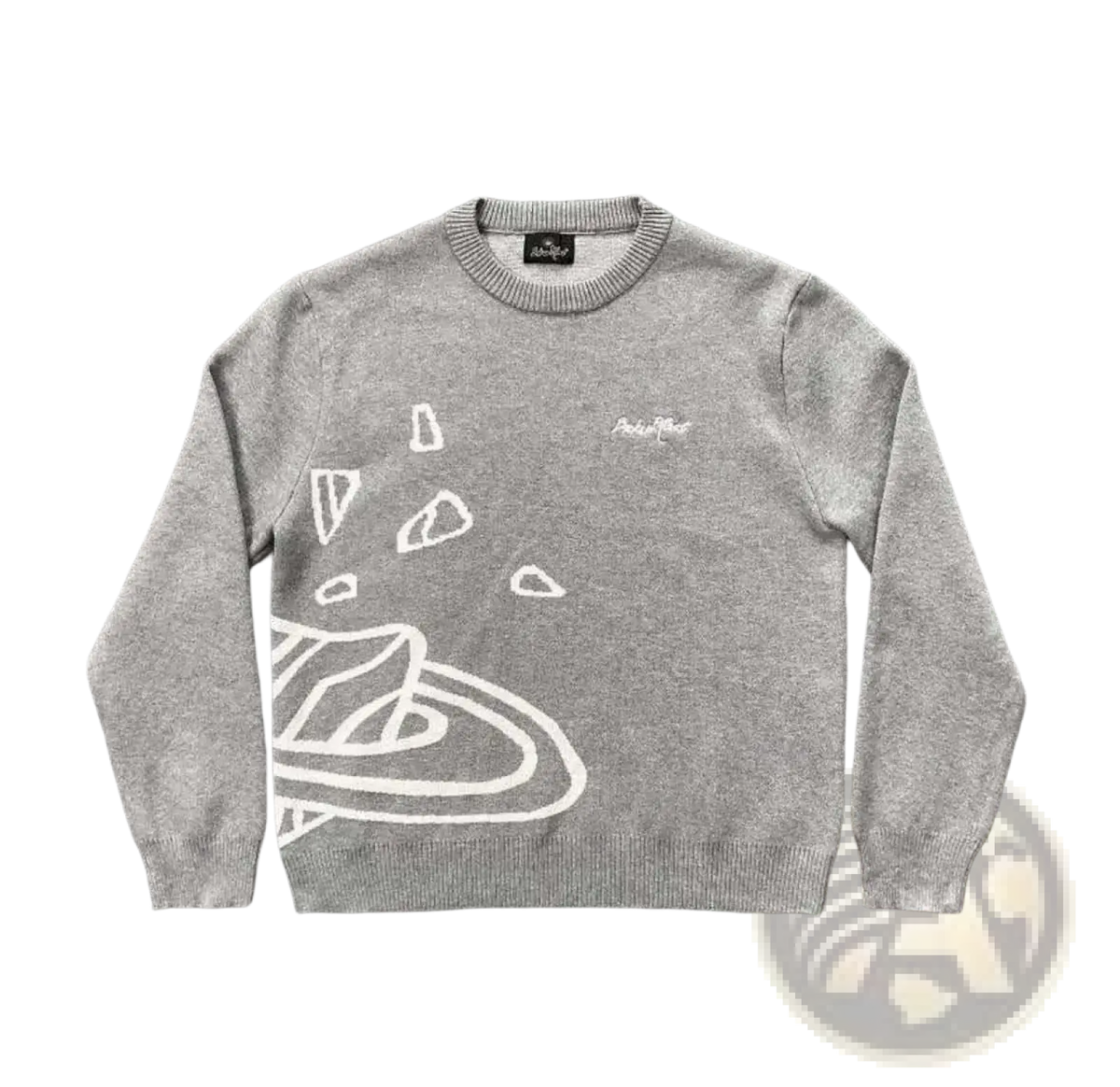 Gray crewneck embroidered graphic knit sweater featuring a white design on soft knit fabric for casual wear