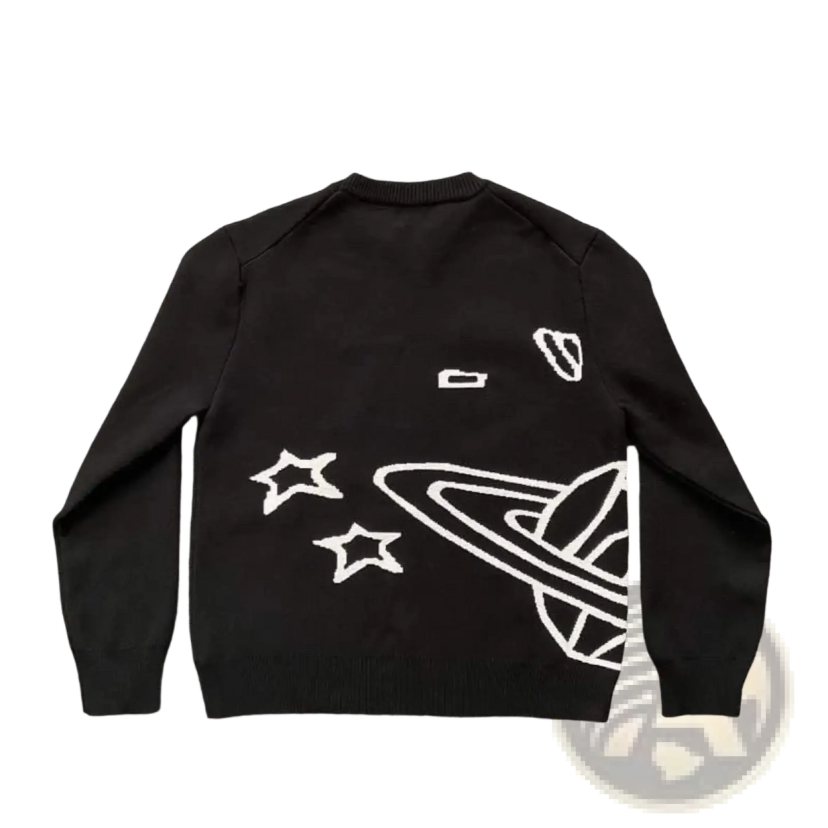 Black knit sweater embroidered with a white space-themed design featuring stars and a planet