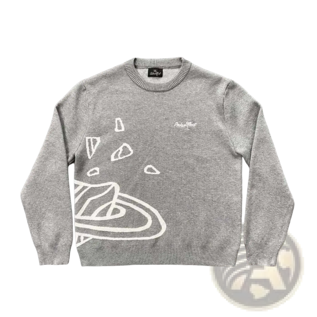 Gray embroidered graphic knit sweater featuring a white geometric and abstract design on the front in crewneck style