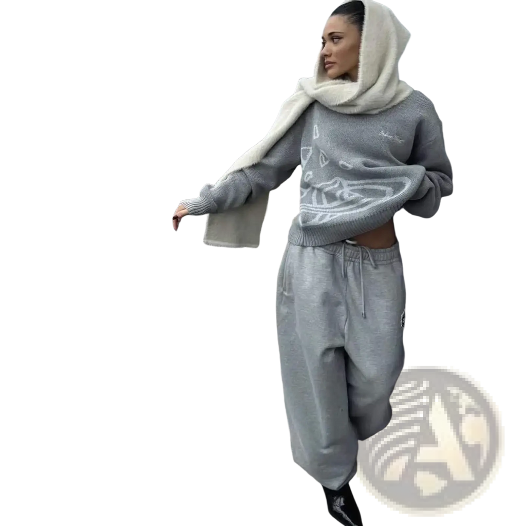 Gray cropped embroidered graphic knit sweater with white design and fluffy hood made of soft knit material