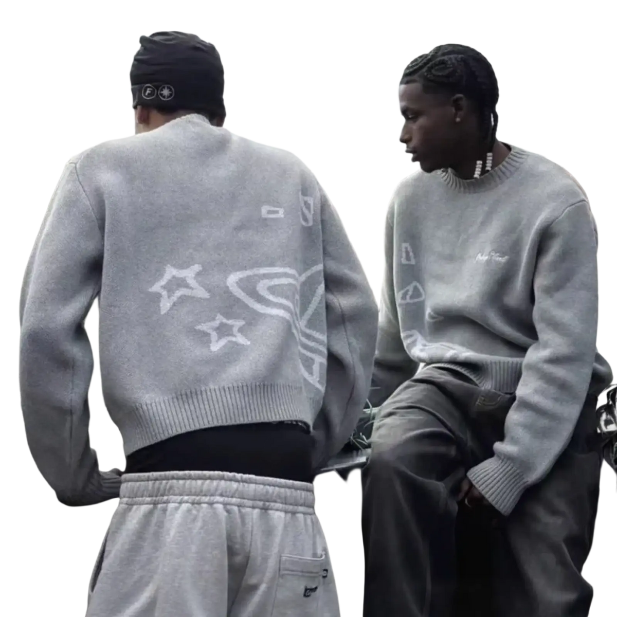 Back side of a gray knit sweater featuring white embroidered stars and a stylized heart design called embroidered graphic knit sweater