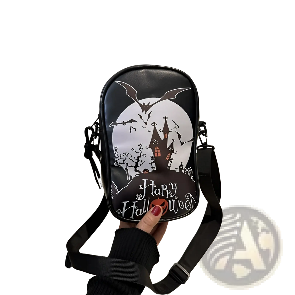 Black embroidered halloween floral and pumpkin crossbody bag with spooky castle bats and moon design on surface