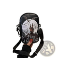 Black embroidered halloween floral and pumpkin crossbody bag with spooky castle bats and moon design on surface