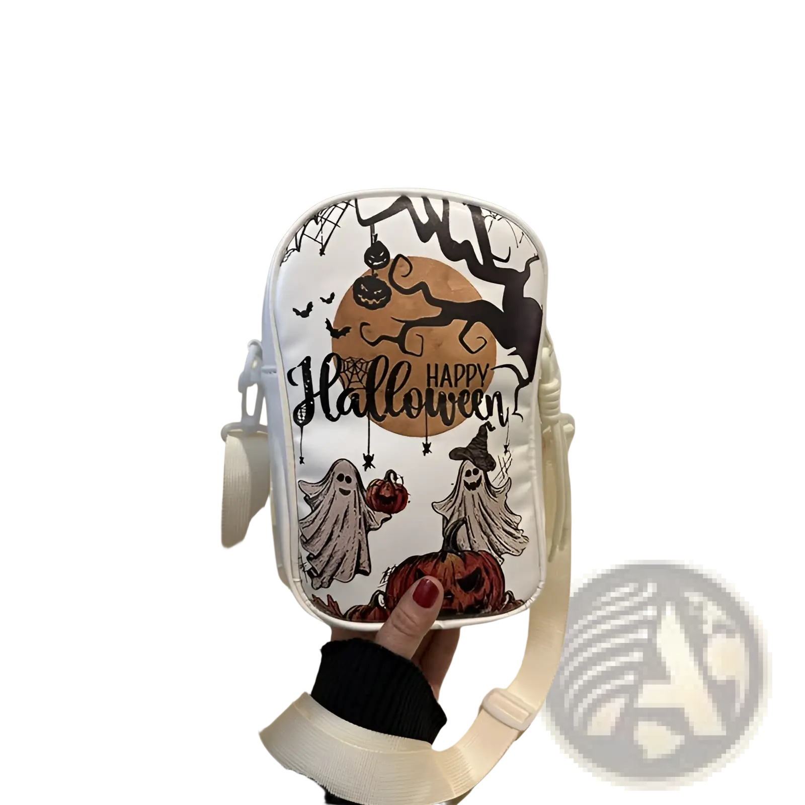 White embroidered halloween floral and pumpkin crossbody bag with black and orange ghost and bat illustrations