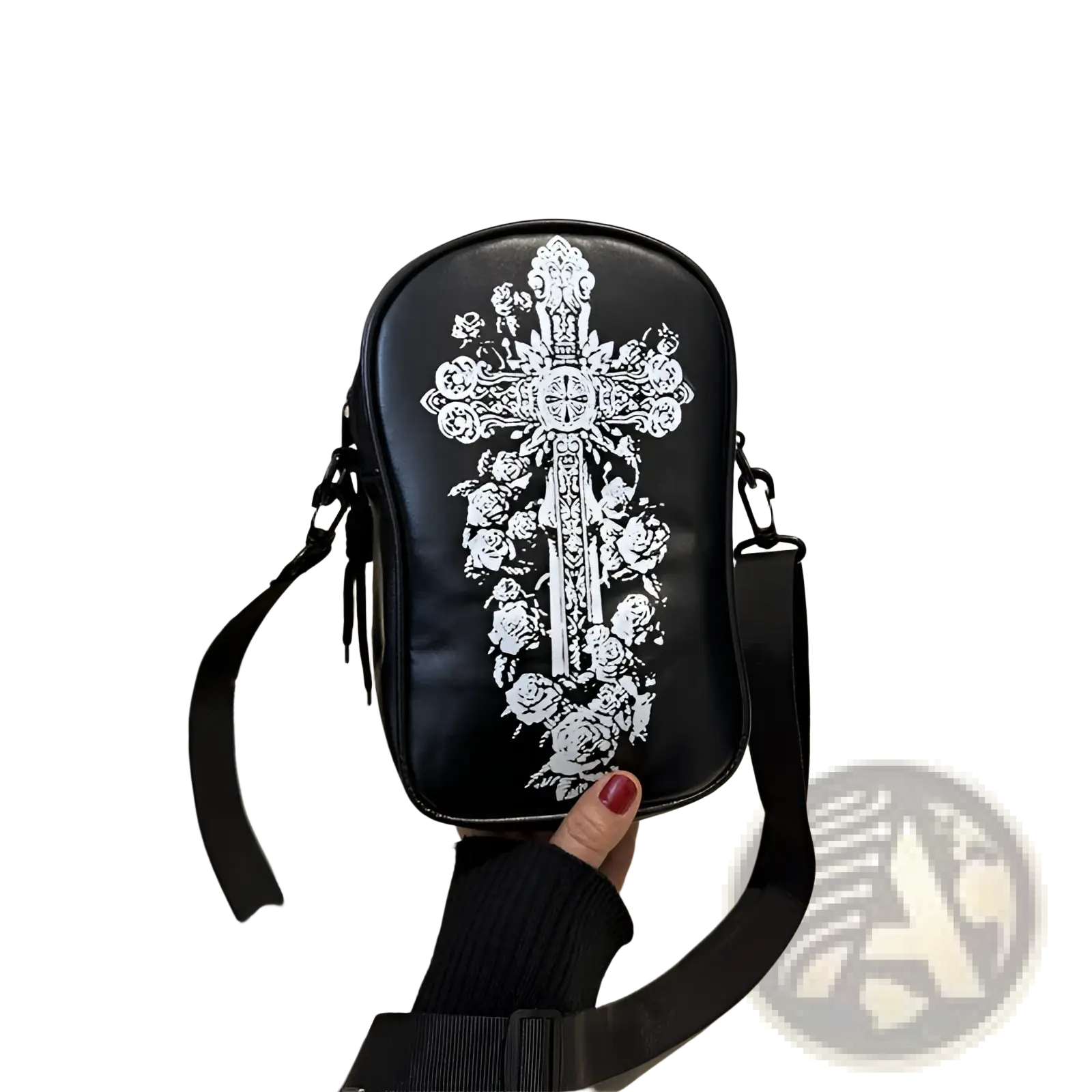 Black crossbody bag with white embroidered ornate floral and cross design from halloween floral and pumpkin collection