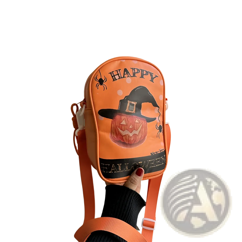 Orange embroidered halloween floral and pumpkin crossbody bag with jack o lantern and witch hat design on polka dots