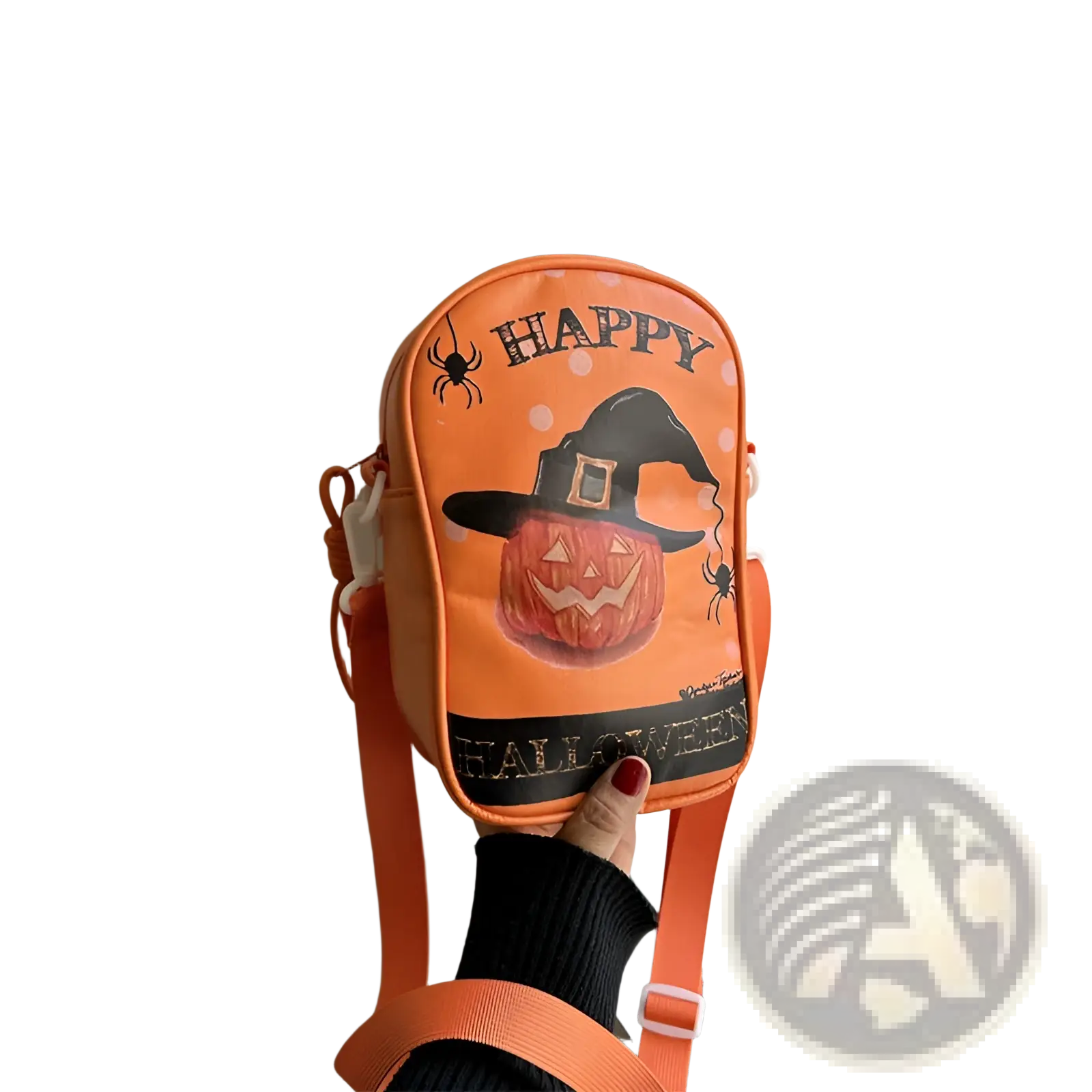 Orange embroidered halloween floral and pumpkin crossbody bag with jack o lantern and witch hat design on polka dots