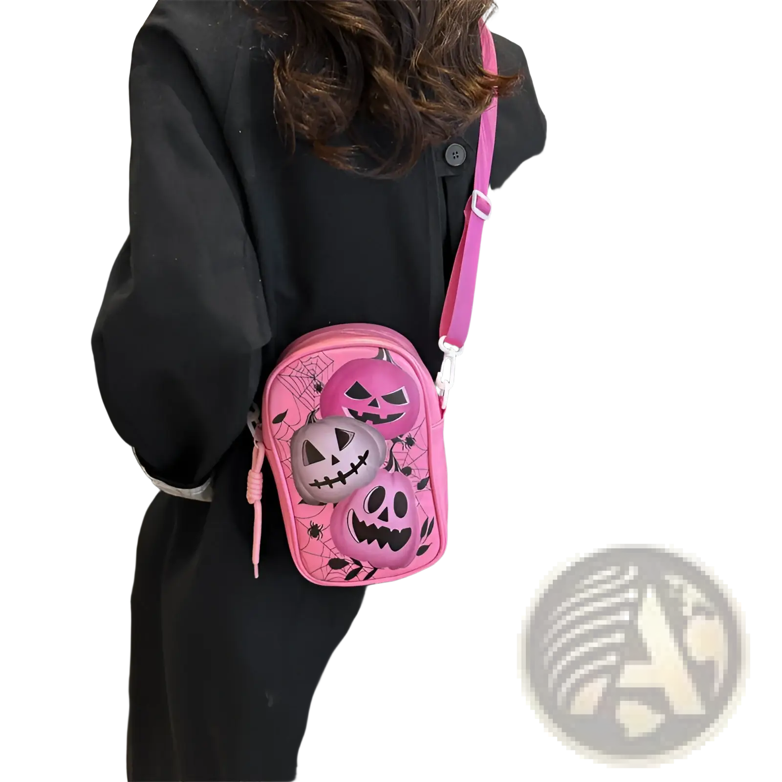 Pink embroidered Halloween floral and pumpkin crossbody bag featuring jack-o-lanterns and spiderweb design