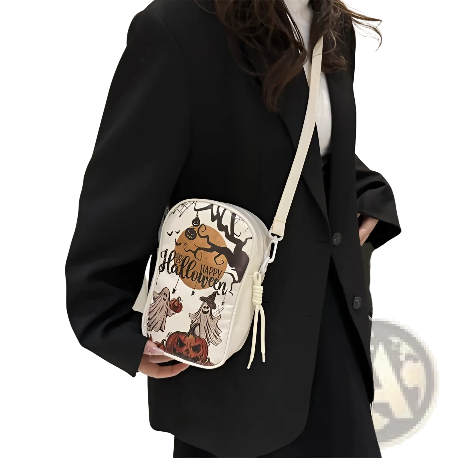 White embroidered Halloween floral and pumpkin crossbody bag with black and orange ghosts pumpkins and witch illustrations