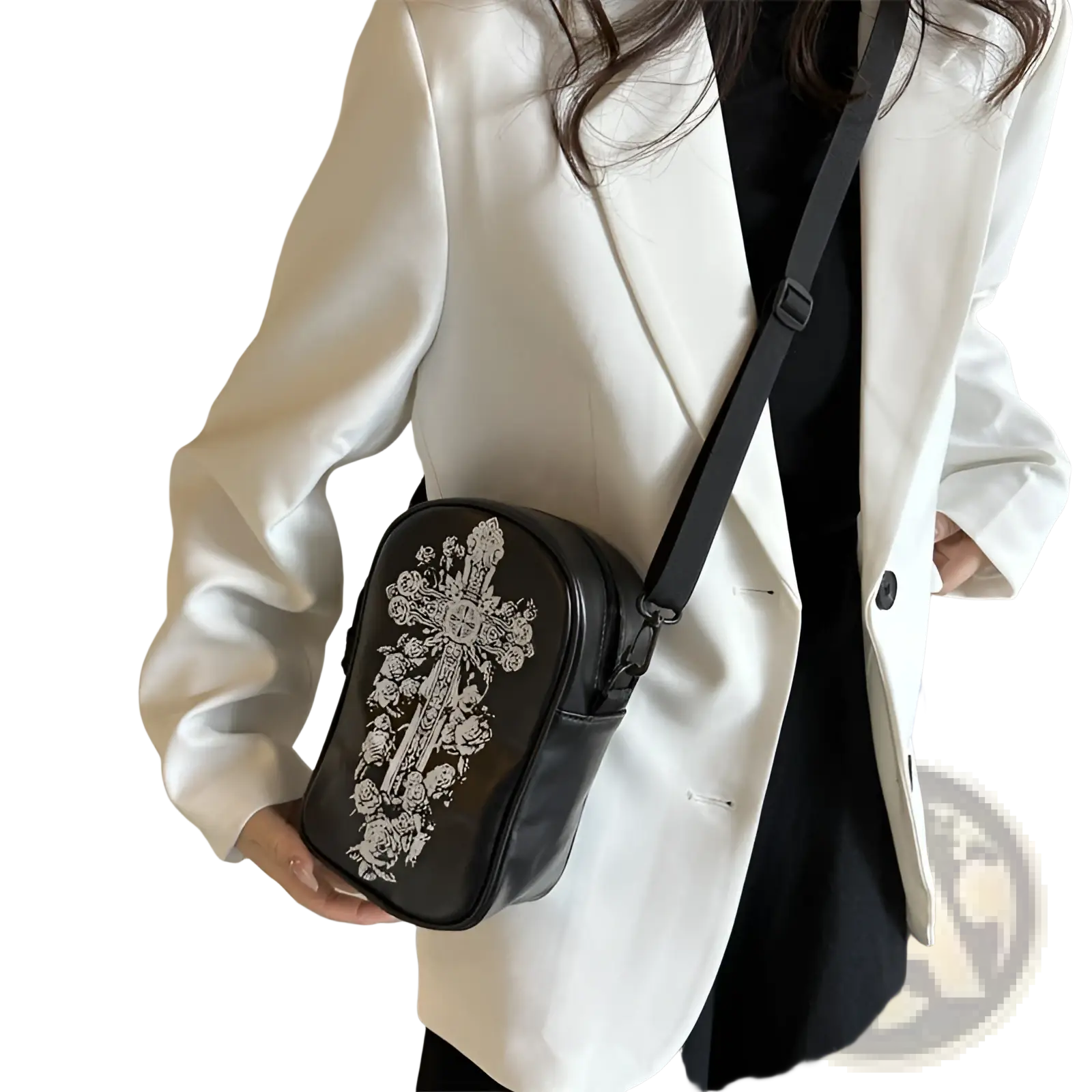 Black leather crossbody bag with intricate white floral embroidery from embroidered Halloween floral and pumpkin bags collection