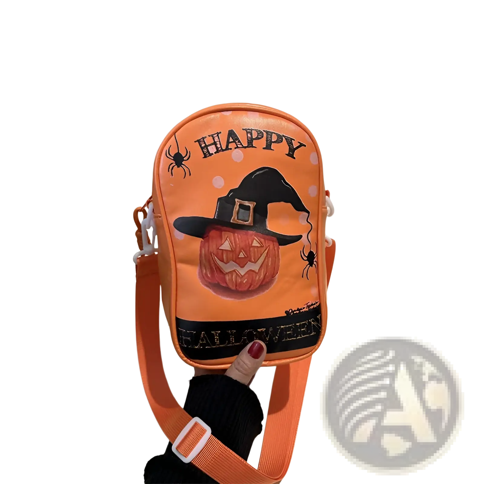 Orange embroidered halloween floral and pumpkin crossbody bag with jack-o-lantern, witch hat, spider details, and adjustable strap