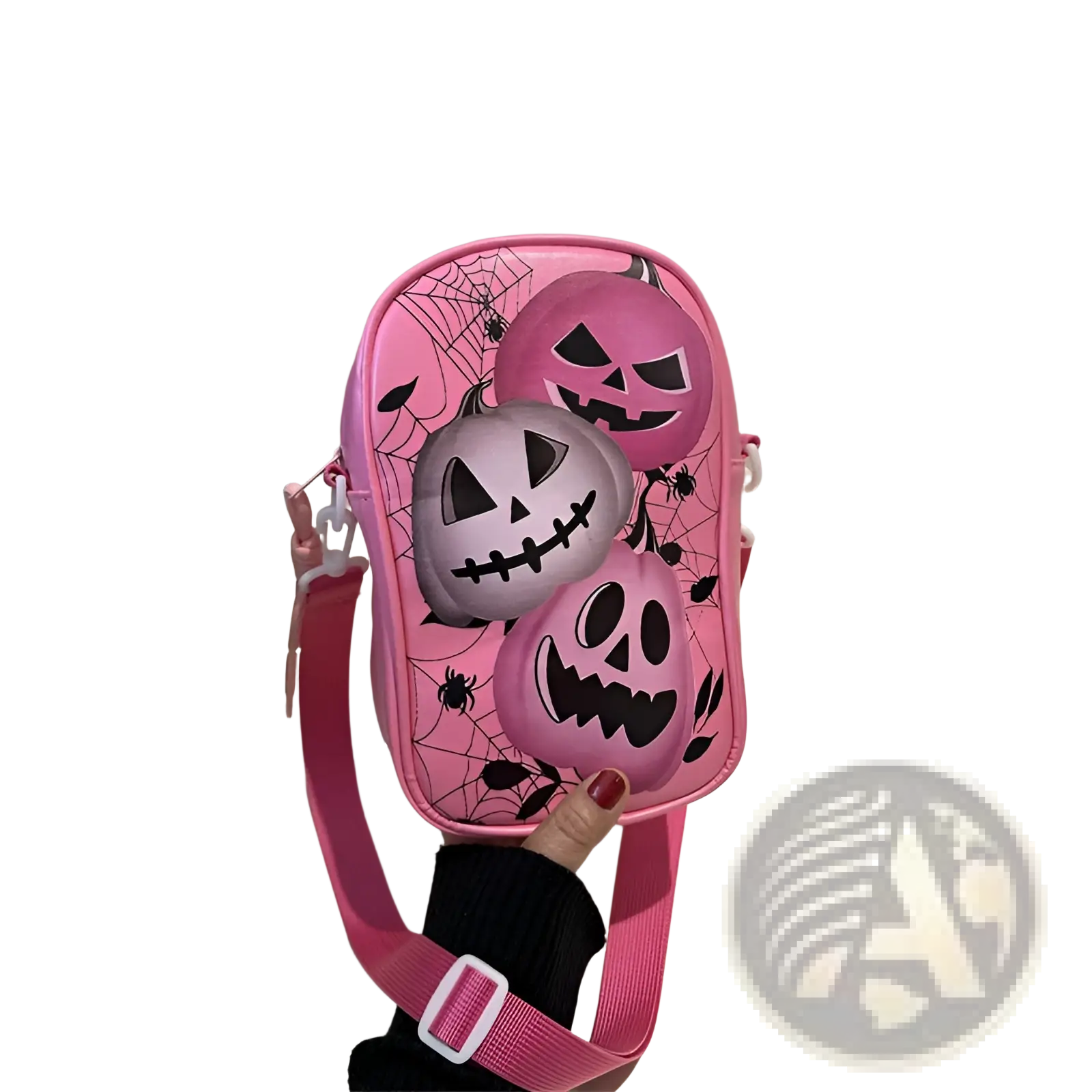 Pink embroidered halloween crossbody bag featuring jack-o-lanterns and spiderweb patterns for festive use