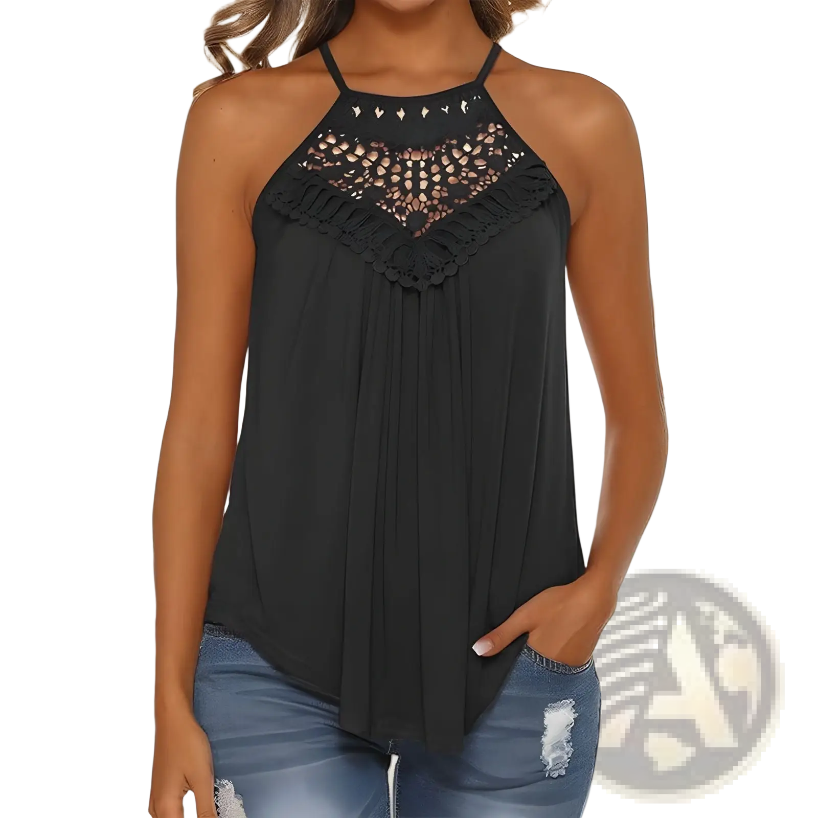 Black embroidered halter camisole with lace detailing and ruffled trim in a delicate halter neck design